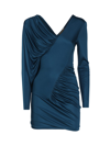 Saint Laurent Mini Blue Dress With V Neckline And Gathering Detail In Viscose Woman In Bleu Canard
