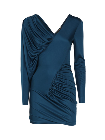 Saint Laurent Mini Blue Dress With V Neckline And Gathering Detail In Viscose Woman