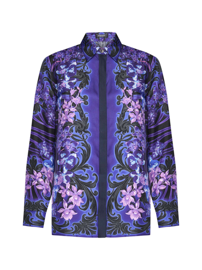 Versace Silk Twill Orchids Print Formal Shirt In Black+orchid | ModeSens