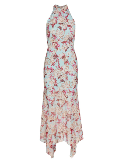 Saloni Lila Printed Silk Crepe De Chine Halterneck Midi Dress In Mulberry Day