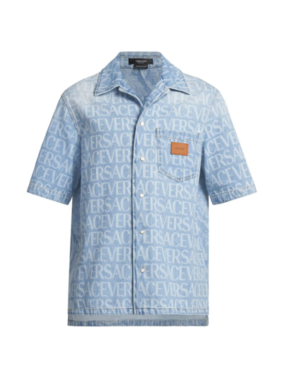 Versace Monogram Cotton Denim Shirt In Blue