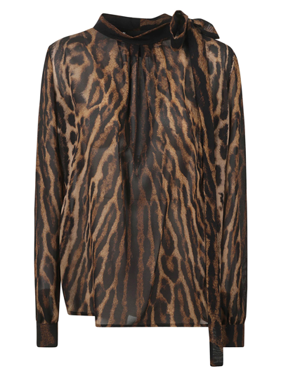 Givenchy Tie-neck Leopard-print Silk-blend Georgette Blouse In Beige/brown
