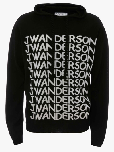 Jw Anderson Repeated Logo Jacquard Knit Hoodie In Black