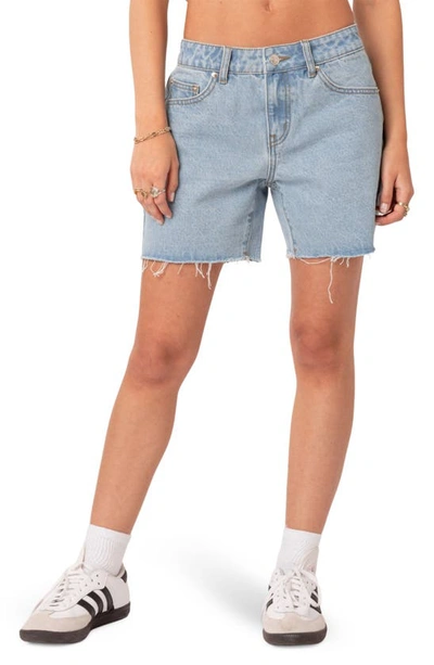 Edikted Tomboy Low Rise Cutoff Denim Shorts In Light-blue