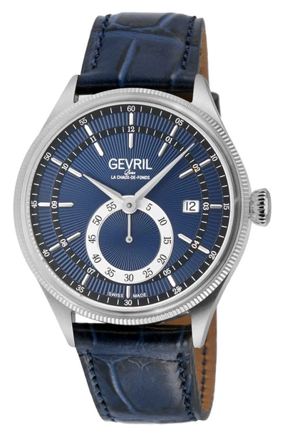 Gevril Empire Automatic Croc Embossed Leather Strap Watch, 40mm In Blue