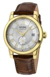 GEVRIL MADISON AUTOMATIC LEATHER STRAP WATCH, 39MM