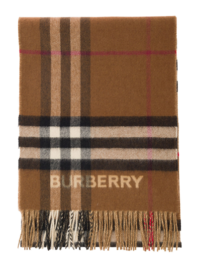 Burberry Beige Scarf With Vintage Check Motif And Fringed Hem In Cashmere Man In Brown