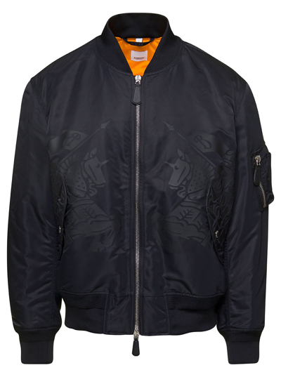 Burberry Black Bomber Jacket With Equestrian Knight Print In Polyamide Stretch Man