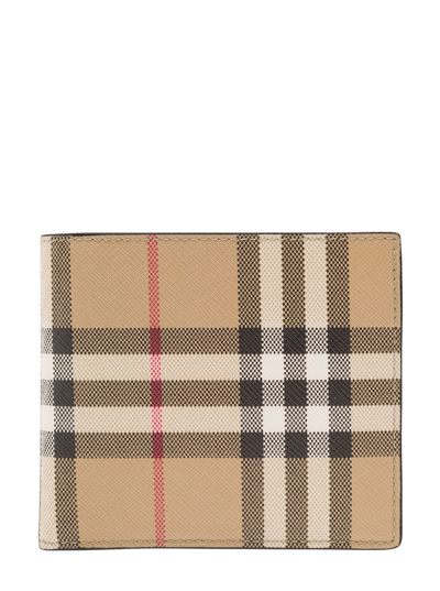 Burberry Brown Bi-fold Wallet With Vintage Check Motif All-over In Cotton Blend In Beige