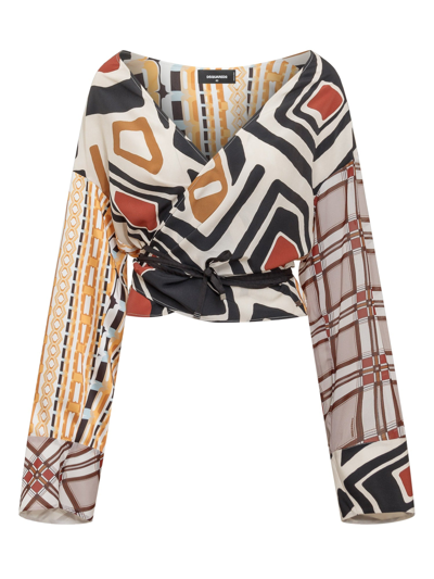 Dsquared2 Geometric-print Wrap-front Blouse In Multicolor