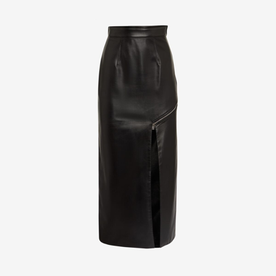 Alexander Mcqueen Asymmetric Leather Midi Skirt In Black