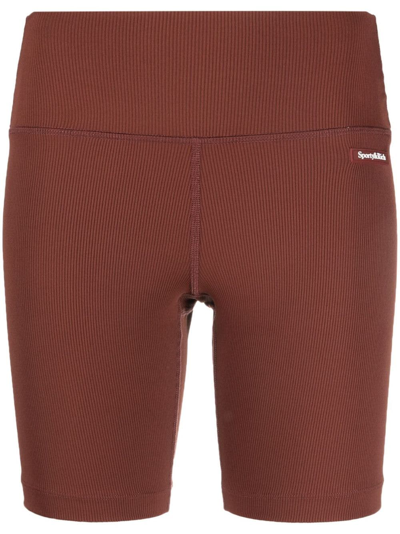 Sporty And Rich Logo-patch Ribbed Biker Shorts In Brown