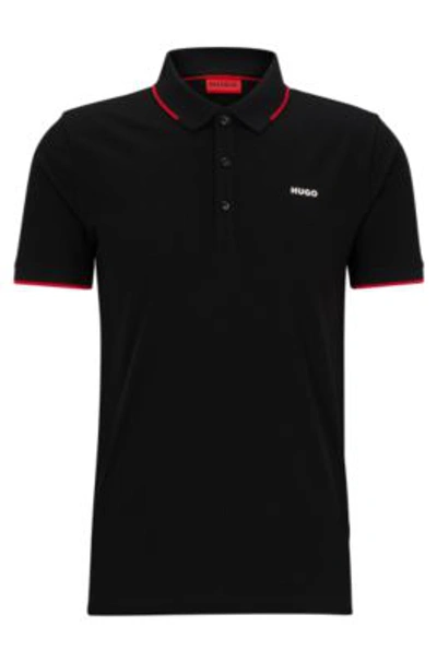 Hugo Stretch-cotton Slim-fit Polo Shirt With Embroidered Logo In Black