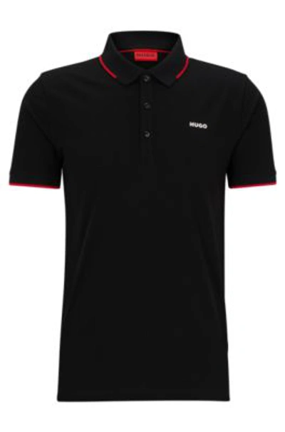 Hugo Boss Stretch-cotton Slim-fit Polo Shirt With Printed Logo In Black