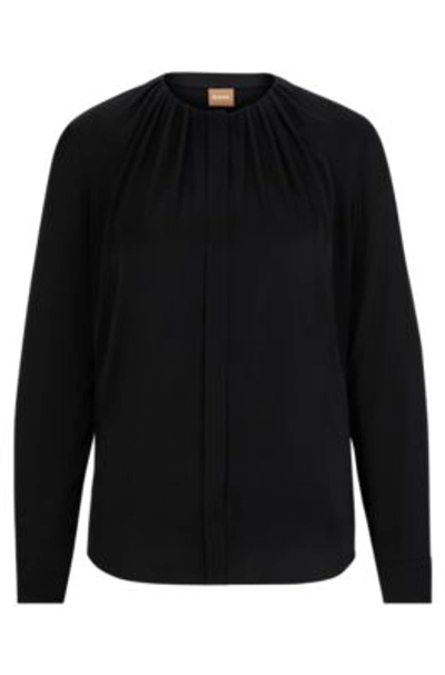 Hugo Boss Ruched-neck Blouse In Stretch-silk Crepe De Chine In Black