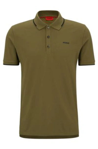 Hugo Stretch-cotton Slim-fit Polo Shirt With Printed Logo In Green