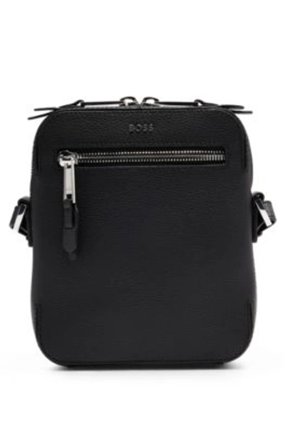 Hugo Boss Grained-leather Reporter Bag With Metal Logo Lettering In Black
