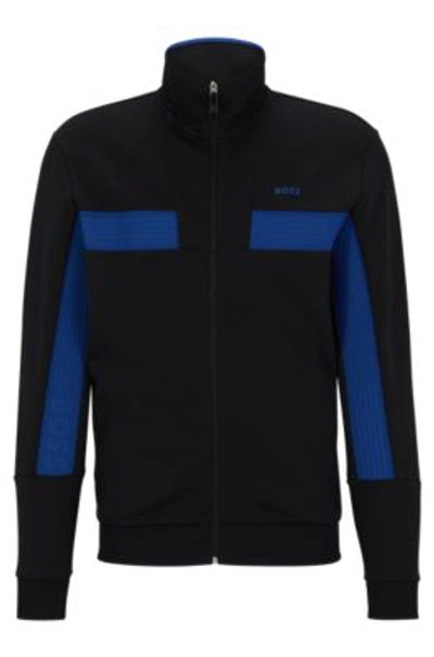 Hugo Boss Cotton-blend Zip-up Sweatshirt With Tape Trims In Black