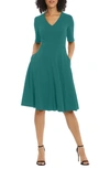 Donna Morgan V-neck Fit & Flare Dress In Shaded Spruce