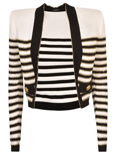 Balmain Striped Cardigan In Bianco/nero