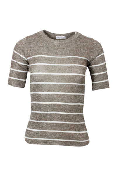 Brunello Cucinelli Crew-neck And Short-sleeved Linen Blend Jumper With Striped Pattern In Beige