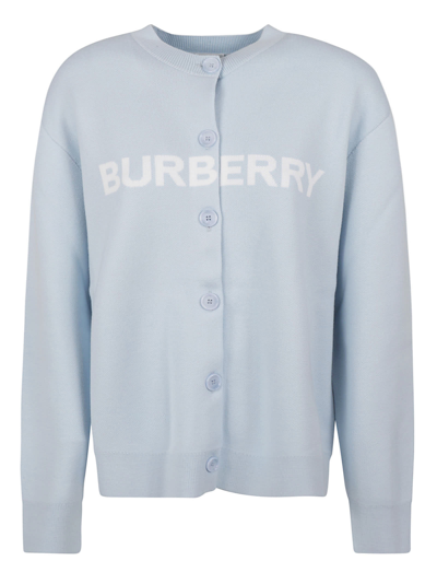 Burberry Logo Wool Cotton Jacquard Oversized Cardigan In Pale Blue