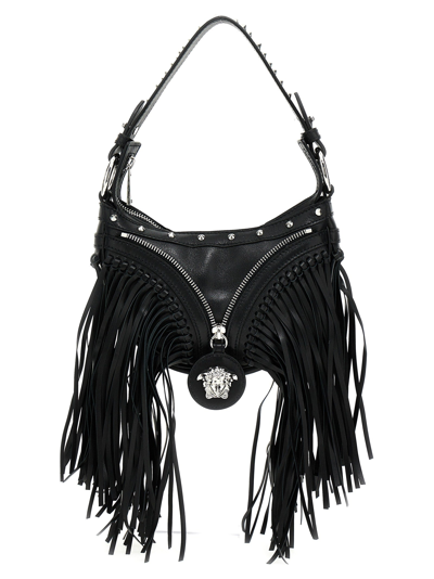 Versace Repeat Mini Fringed Leather Shoulder Bag In Black