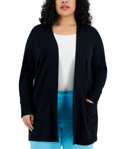 Jm Collection Plus Size Open-front Long-sleeve Cardigan, Created For Macy's In Deep Black