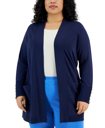 Jm Collection Plus Size Button-sleeve Flyaway Cardigan Sweater, Created For Macy's In Intrepid Blue