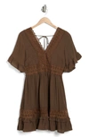 Wishlist Lace Insert Tie Back Dress In Chocolate