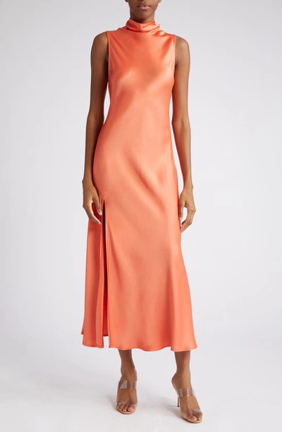 Lapointe Drape Neck Side-slit Satin Maxi Dress In Coral