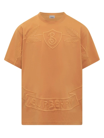 Burberry Banstead Crest Orange Crewneck T-shirt With Crest Embroidery In Cotton Man  In Dusty Orange