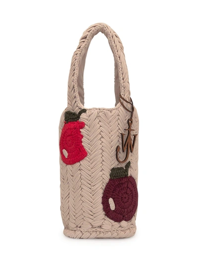 Jw Anderson Knitted Shopper Tote Bag With Apple Motif In Beige