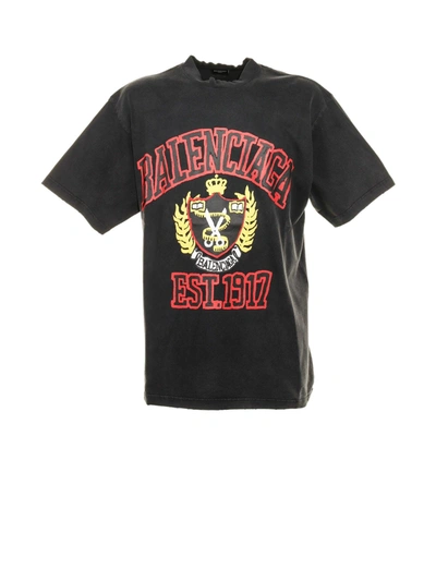 Balenciaga College Logo Cotton T-shirt In Washed Black