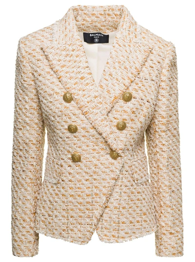 Balmain Beige Double-breasted Jacket With Gold-colored Branded Buttons In Tweed Woman In Multi Beige