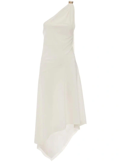 Jw Anderson One-shoulder Buckle Asymmetric Midi Dress In Bianco