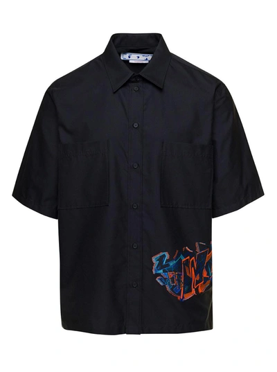 Off-white Black Short Sleeved Shirt With Multicolor Graffiti Embroidery In Cotton Blend Man