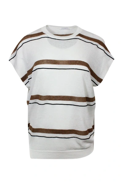 Brunello Cucinelli Horizontal Monili Striped Cap-sleeve Linen T-shirt In Chu75