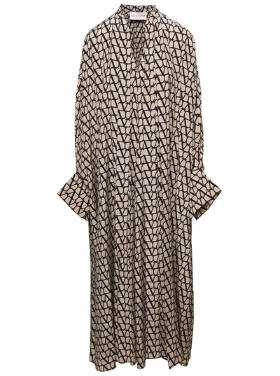 Valentino Monogram-print Cape-overlay Silk-crepe Midi Dress In Beige