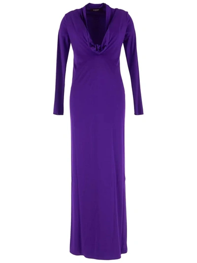 Versace Draped Plunge Long Cocktail Dress In Purple