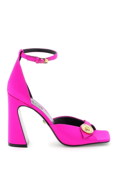 Versace Crystal Medusa Medallion Ankle Strap Sandal In Glossy Pink  Gold (fuchsia)