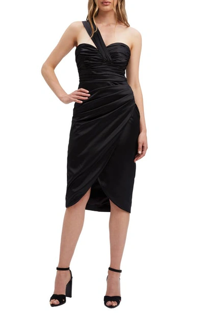 Bardot Veda Ruched One-shoulder Satin Dress In Black