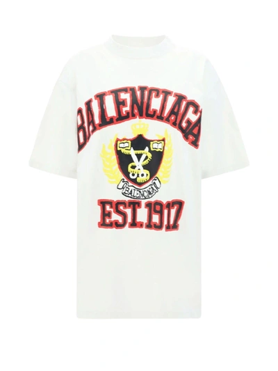 Balenciaga College Logo Cotton T-shirt In Dirty White