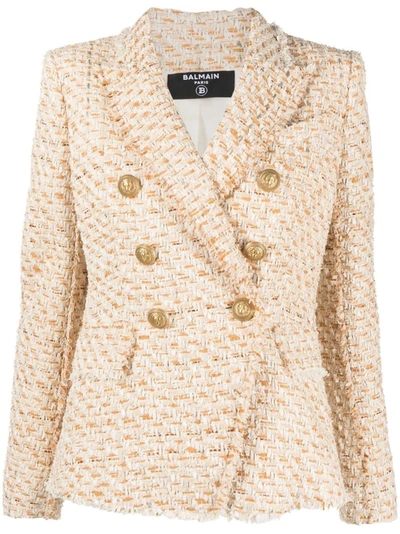 Balmain Beige Double-breasted Jacket With Gold-colored Branded Buttons In Tweed Woman In Multi Beige