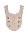Balmain Beige Crop Top In Linen And Silk With Fringes In Marrone