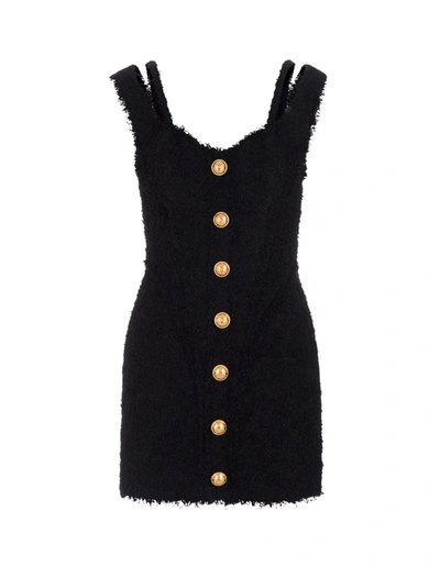 Balmain 7-button Strapped Tweed Mini Dress In Black