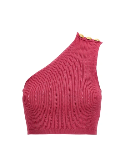 Balmain Fuchsia One-shoulder Crop Top With Gold Buttons In Pink