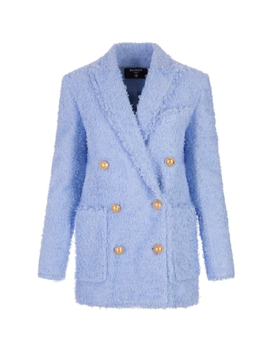 Balmain Oversized Double-breasted Button-embellished Tweed Blazer In Blue