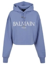 Balmain Cropped Hoodie With Rubber Roman  Logo In Bleu Clair/blanc