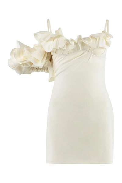 Jacquemus Duna Ruffled Grain De Poudre-trimmed Wool-blend Midi Dress In White